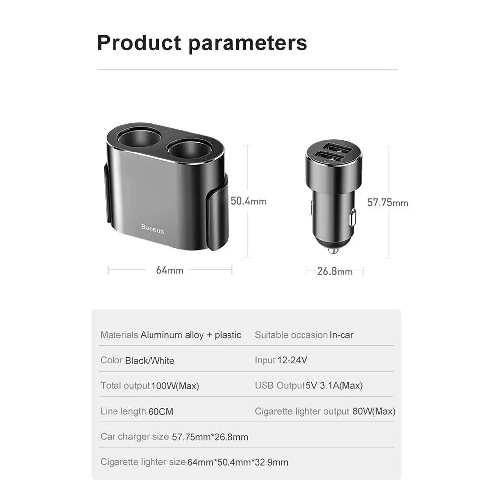 Cigarette Lighter 12V/100W Splitter, Charger, Dual USB