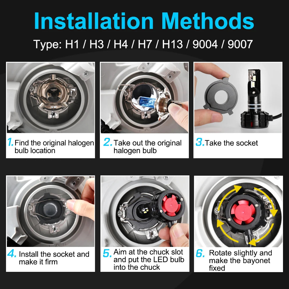 2Pcs H1 H3 H4 H7 LED Canbus H8 H11 HB3 9005 HB4 9006 LED Headlights. Mini 100W 20000LM Car Light Bulb