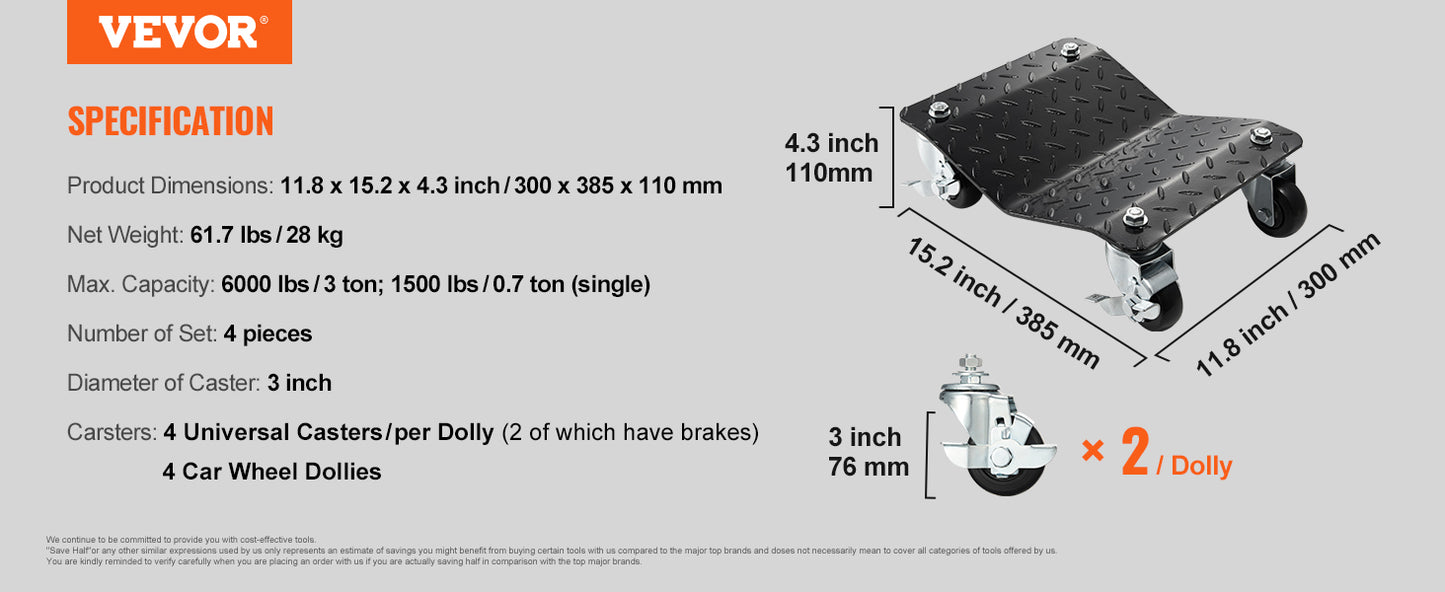 Car Tire/Wheel Dollies 2/4PCS 1500 Lbs Weight Capacity