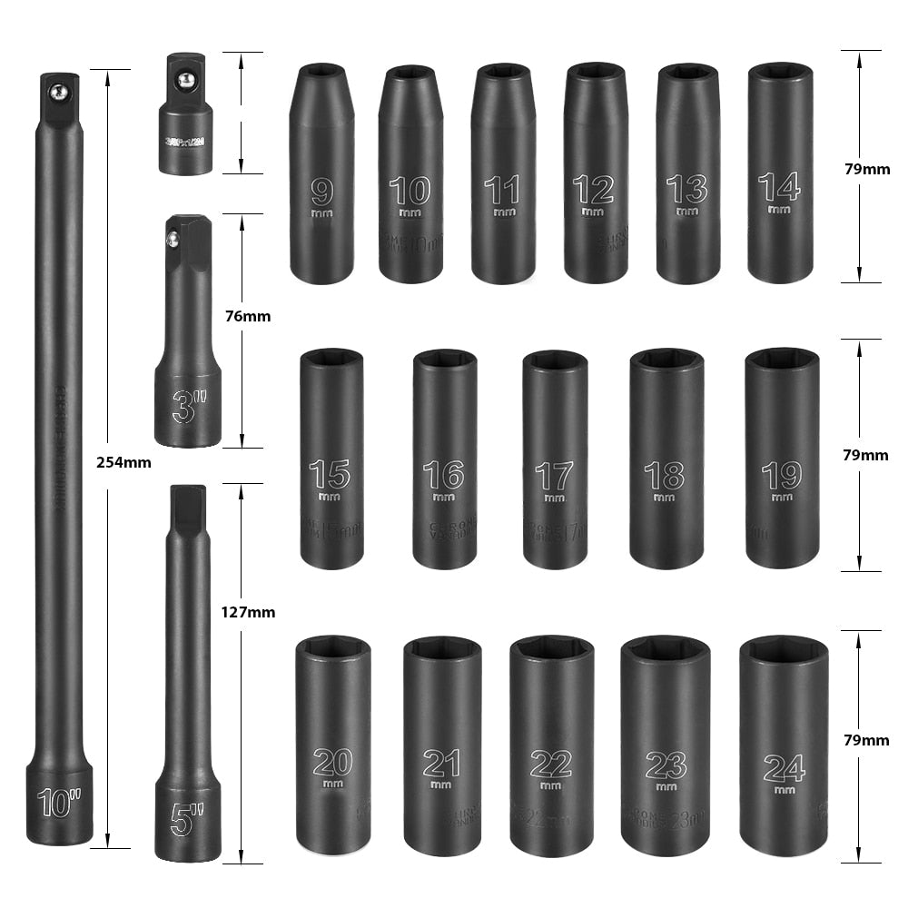 20pcs 1/2 Drive Deep Well Metric Impact Socket Set